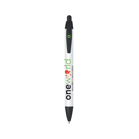 A plastic pen in white and black with a green accent, featuring a logo on its body.