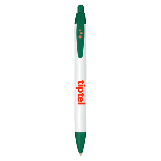 A plastic pen with a white barrel and green accents, featuring a logo on the side.