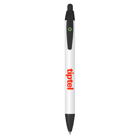 A plastic pen with a white barrel and black accents, featuring a logo on the side.
