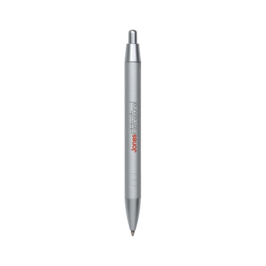 A silver metal pen with a sleek design and a visible logo.