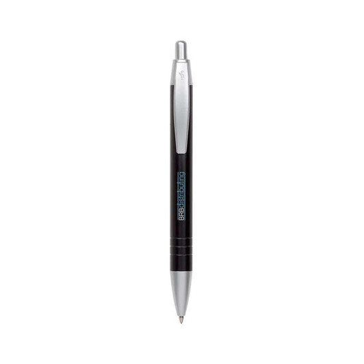 A metal pen with a black body and silver accents, featuring a logo on the side.