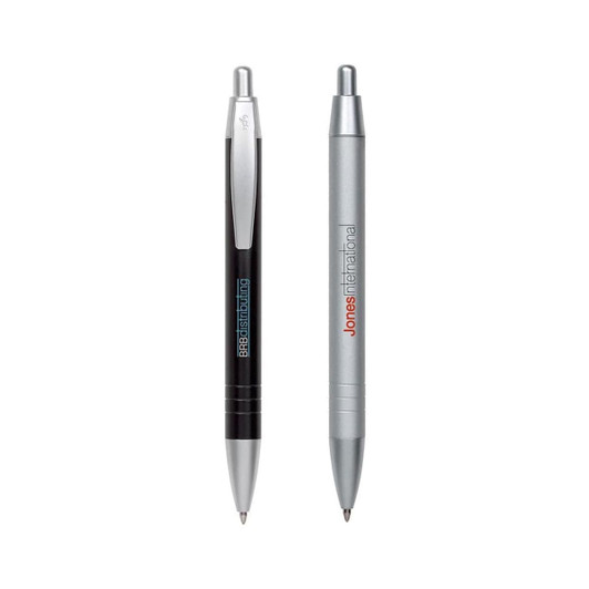 A black and silver metal pen set featuring a sleek design and branding on the barrel.