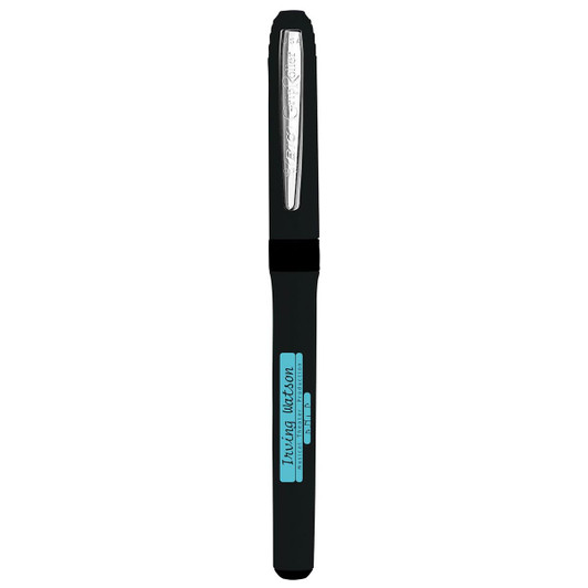 A black pen with a textured grip and a silver nib, featuring branding along the body.