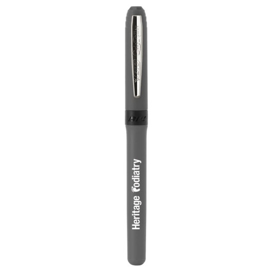 A grey pen with a sleek design and a silver tip, featuring a branding logo.   