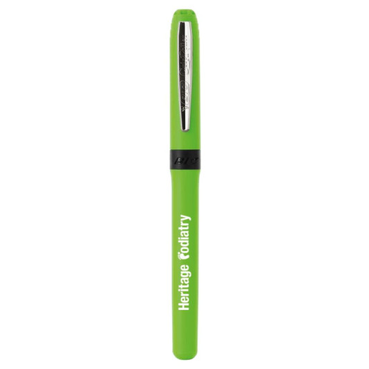 A green pen with a sleek design, featuring a metallic clip and a logo on the barrel.