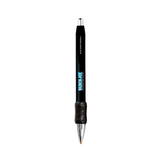 A black metal grip pen with a chrome finish and a textured black grip, featuring a branding logo.