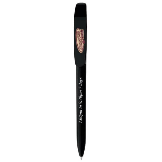 A black Bic Super Clip pen with a clip and branding on the side.