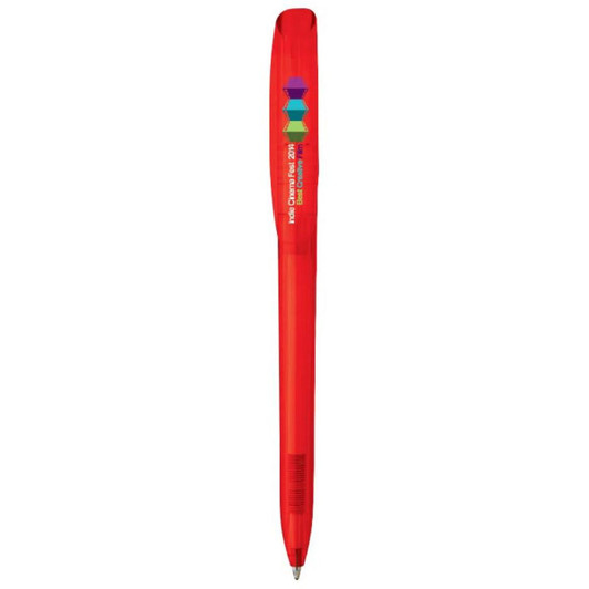 A red Bic Super Clip pen with a clear barrel and a branding logo near the top.