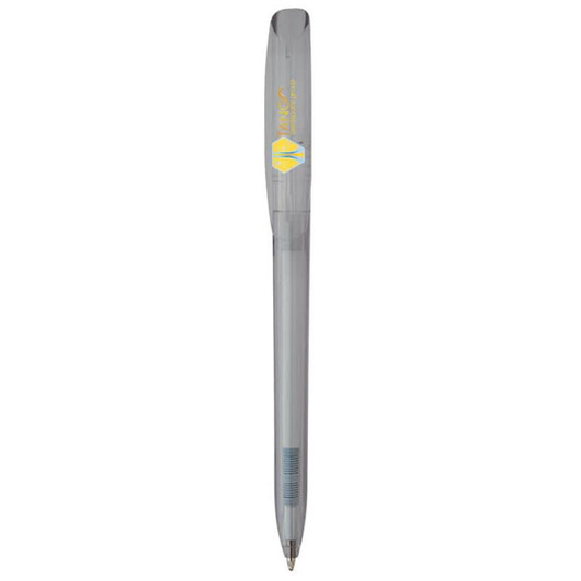 A grey plastic pen featuring a transparent barrel and a logo on the clip.