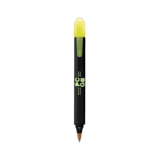 A black pen with a green cap and highlighting tip, featuring a logo on the barrel.