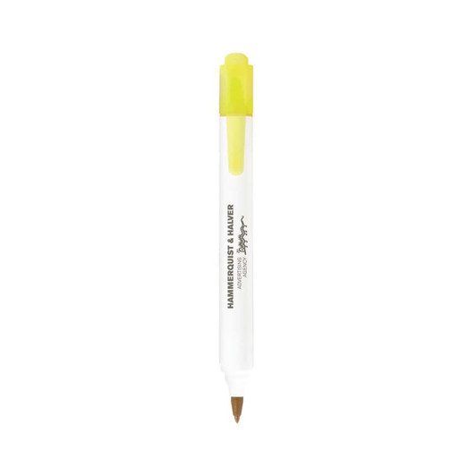 A two-sided pen with a yellow cap and a fine tip, featuring a logo on its body.
