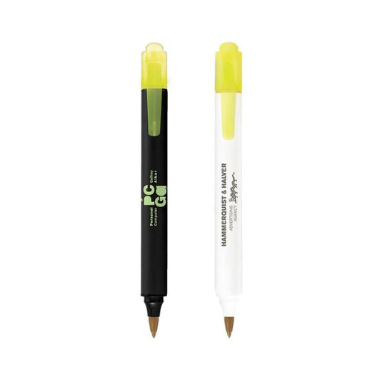 A two-sided pen featuring black and white bodies with vibrant yellow caps. Includes branding on the pen surface.