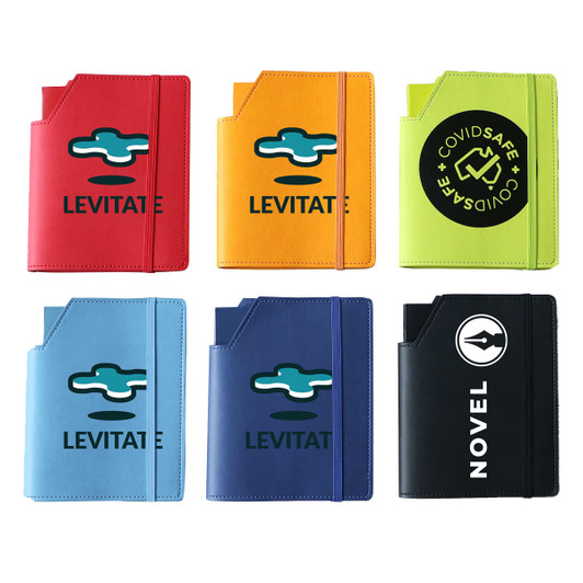 A collection of six Leatherette Small Covers in red, orange, green, blue, navy, and black, each with a logo.