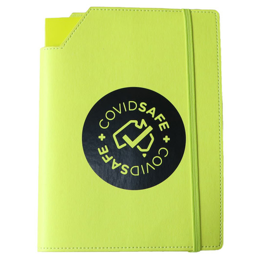 A bright yellow leatherette notebook cover with a black circular logo on the front. It features a pocket for documents.