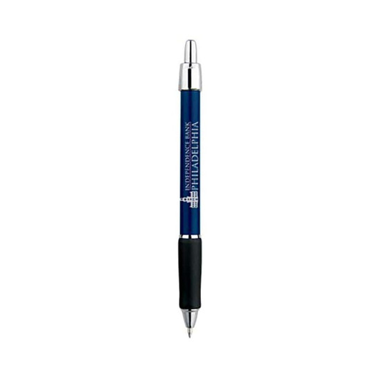 A metallic blue pen with silver accents, featuring a black grip and a branding logo.