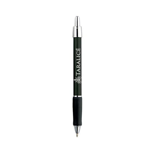 A metallic pen in black with a silver clip and a logo. Suitable for writing.