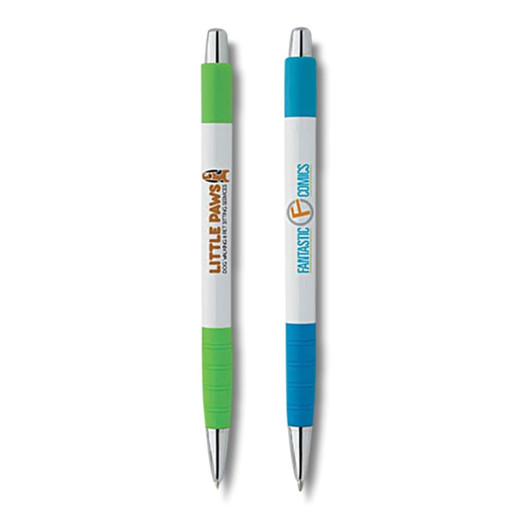Two white pens featuring green and blue grips, each with a logo, placed side by side on a white background.