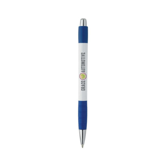 A white pen with a blue grip and silver accents, featuring a logo on the barrel.