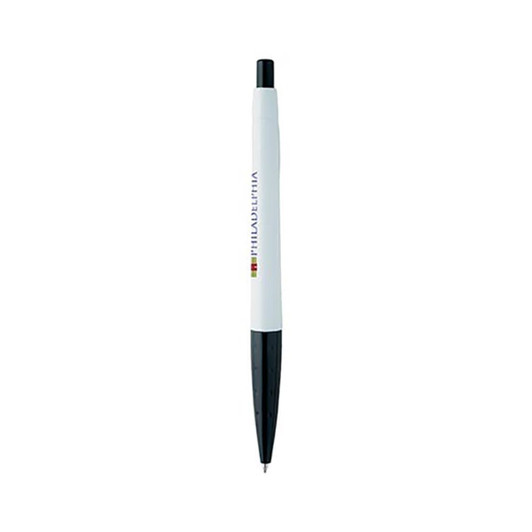 A plastic pen with a white body and a black grip, featuring a logo on the side.