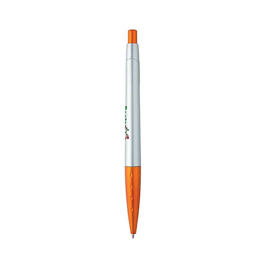 A silver plastic pen with an orange tip and grip, featuring a logo on its side.