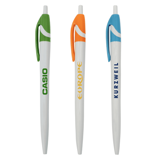 Three plastic pens in green, orange, and blue, each with white barrels and a logo on them.