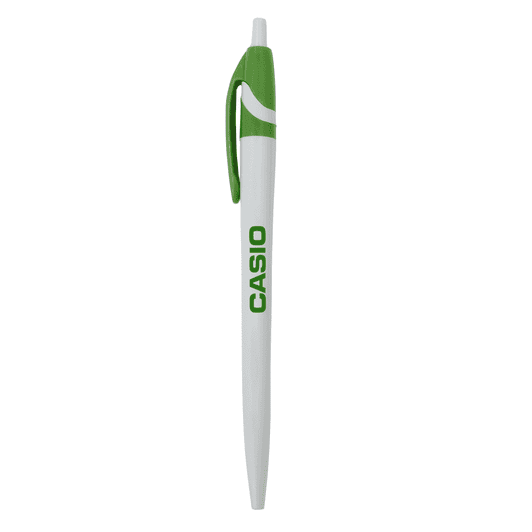 A plastic pen in white and green with a clip and a branding logo on the barrel.