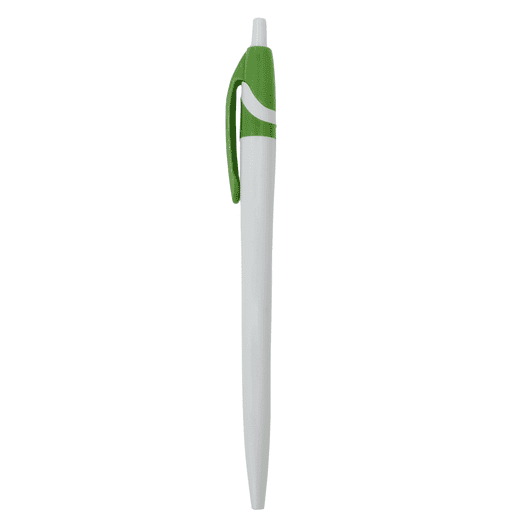 A plastic pen in white and green, featuring a clip and a smooth design, with a logo on the side.