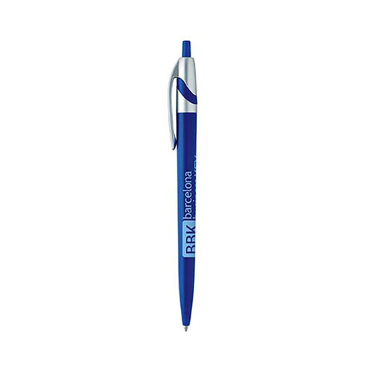 A blue plastic pen with a silver clip and a branding logo on the barrel.