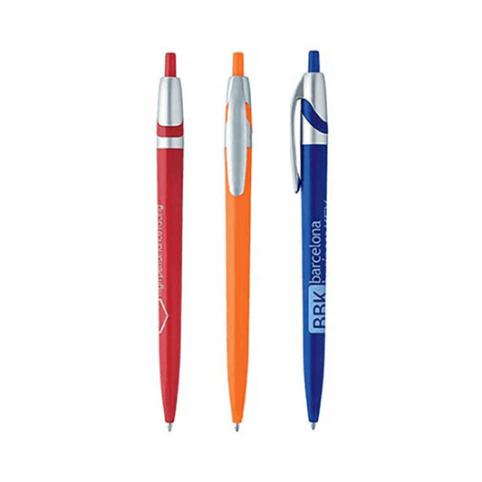 Three plastic pens in red, orange, and blue, featuring silver accents and varying designs. One pen has a logo.