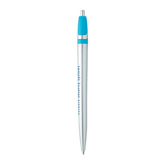 A metal pen with a silver body and blue accents, featuring a logo on the side.