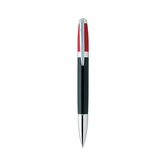 A black pen with a shiny silver tip and red accents, featuring a branding logo on the barrel.