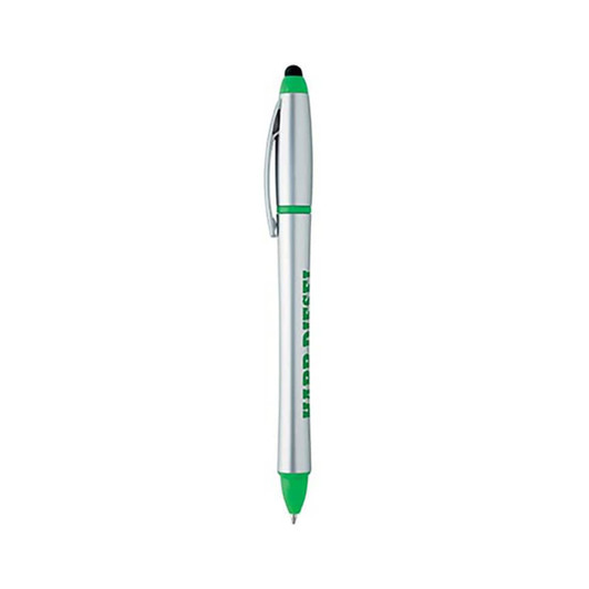 A silver stylus highlighter pen combo with green accents and a branding logo.