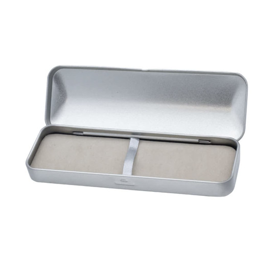 A brushed metal gift box in silver, featuring a soft interior and a securing strap, designed for pen packaging.
