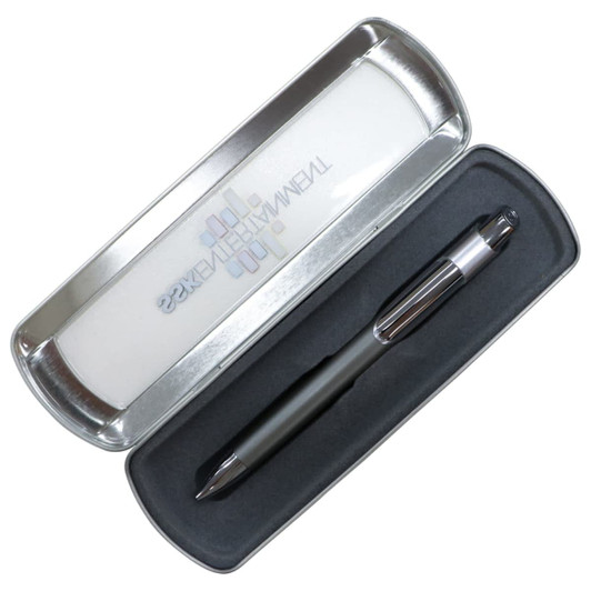A matte metal gift box with a black pen inside, featuring a sleek design and a logo on the lid.