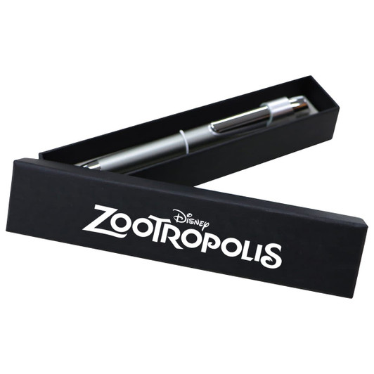 A black two-piece gift box containing a silver pen, featuring a logo. The box is elegantly designed for presentation.