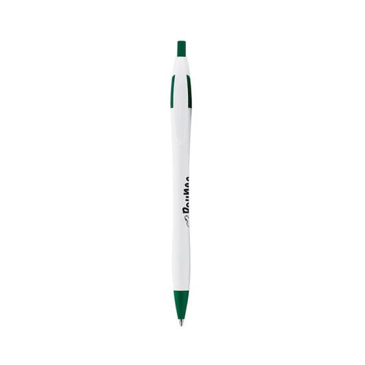 A green and white curved pen with a branding logo on the barrel.