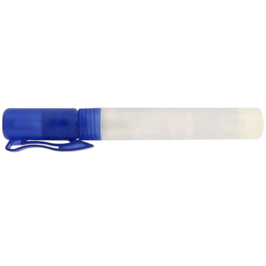 A clear 10ml sanitiser spray bottle with a blue lid and clip. It features a simple design and contains clear liquid.