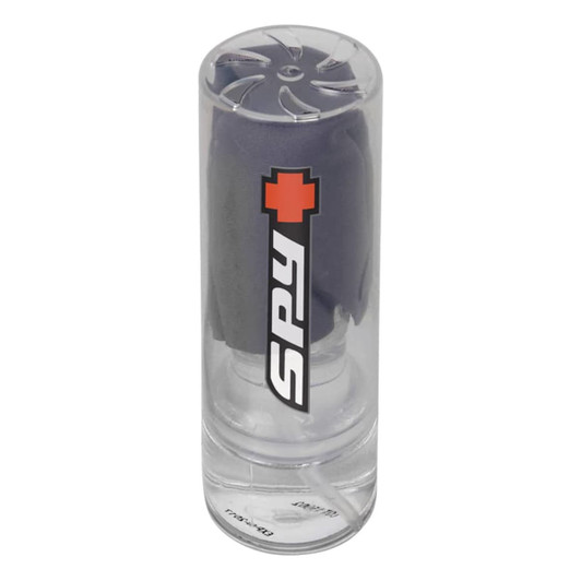 A cleaning set with a grey cloth in a clear cylindrical container, featuring a logo.