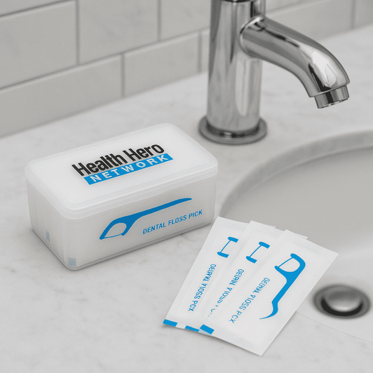 A container of dental floss picks in a white box with blue accents. Includes individual packets next to the box.