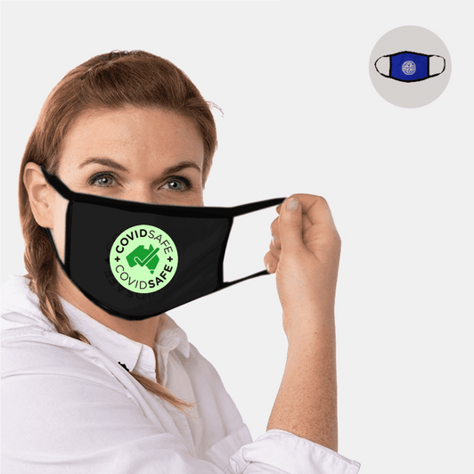 A woman holding a black cotton face mask featuring a green circular logo. Another blue mask is displayed in the corner.