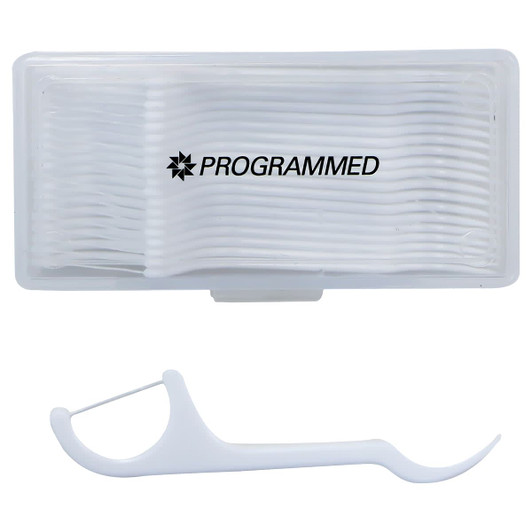 A white dental floss pack containing 20 pieces, with a plastic floss holder included. The pack features a logo.