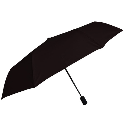 A black umbrella with a straight handle, featuring a sleek design and an included logo.