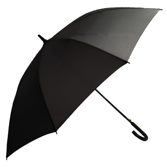 A black umbrella with a curved handle and a sleek design, featuring a logo on the canopy.