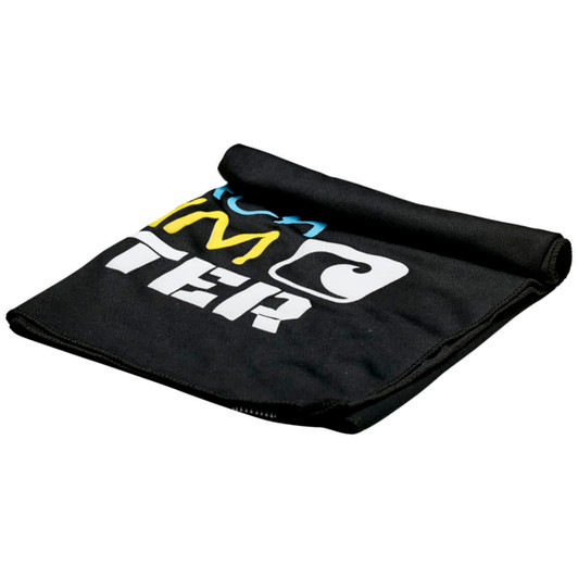 A black cooling towel featuring a logo and multi-coloured text, neatly folded.