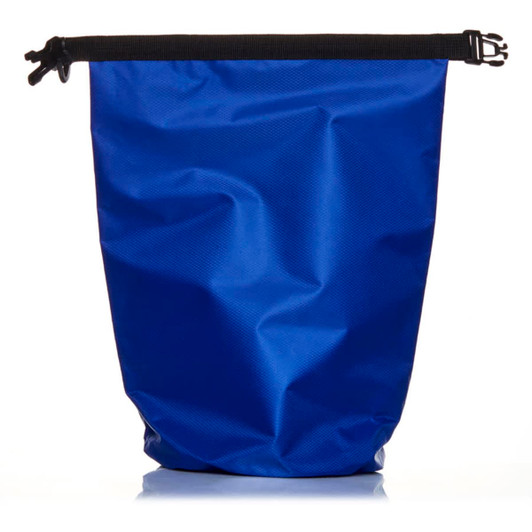 A blue 5L dry bag with a black secure closure. It features a sturdy design and a logo.