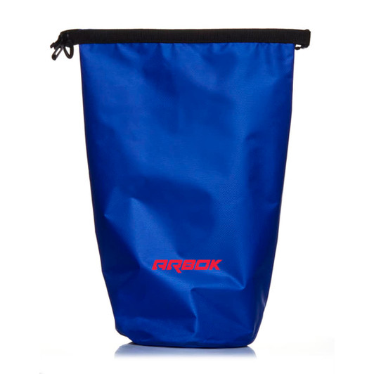 A blue dry bag with a black closure and a logo at the bottom.