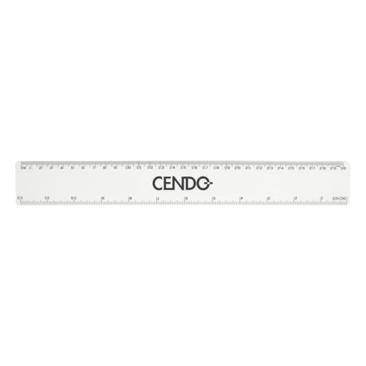 A clear plastic ruler measuring 30cm, featuring black measurement markings and a logo.