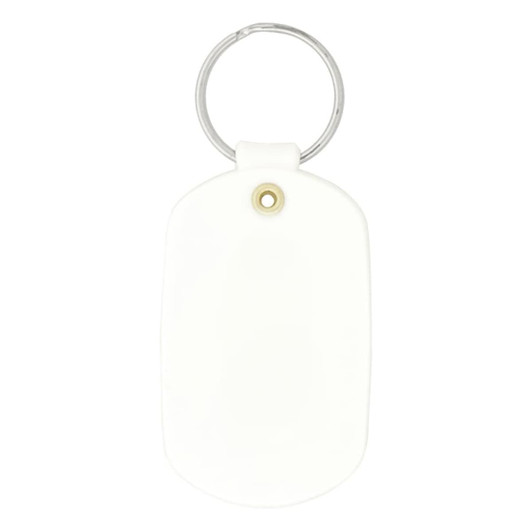 A white oval keychain featuring a silver keyring and a decorative brass eyelet.