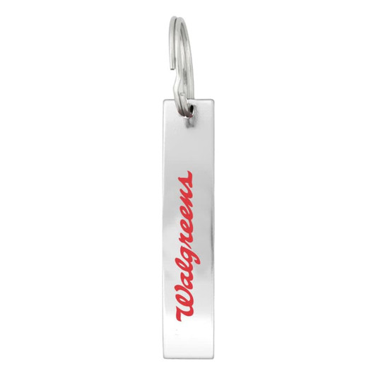 A drink bottle opener in silver with a loop for attachment, featuring a red logo.