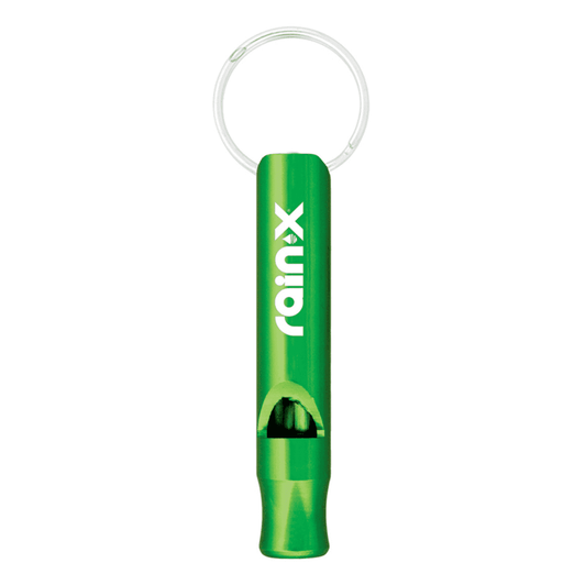 A green aluminium whistle keychain featuring a metal ring and a branding logo.